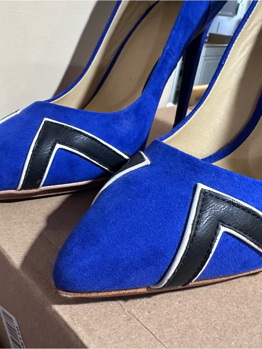 Shoe Dazzle Cobalt Blue Pointed-Toe Suede Pumps with Black and White Accents - Picture 2 of 5